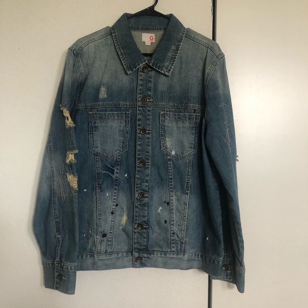 Guess Mens Paint Splatter Denim Jacket | L